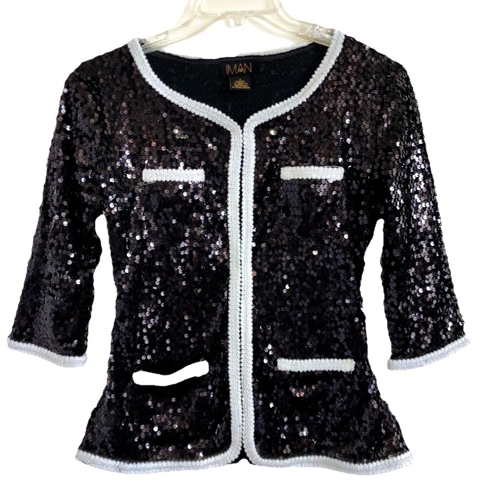 IMAN Black sz M Sequin Evening Jacket White Trim Neutral Cover Cardigan Sweater